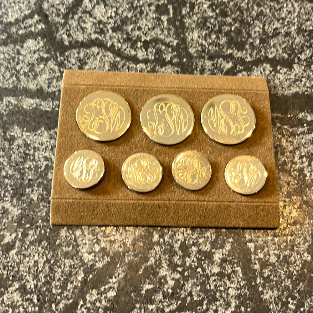 Monogrammed LSW shiny brass looking set of 7 buttons single shank for attachment